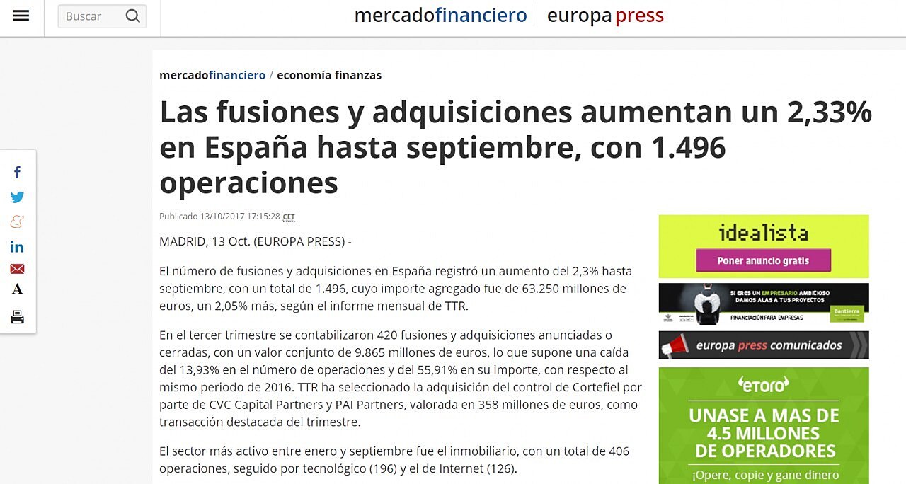 Las fusiones y adquisiciones aumentan un 2,33% en Espaa hasta septiembre, con 1.496 operaciones